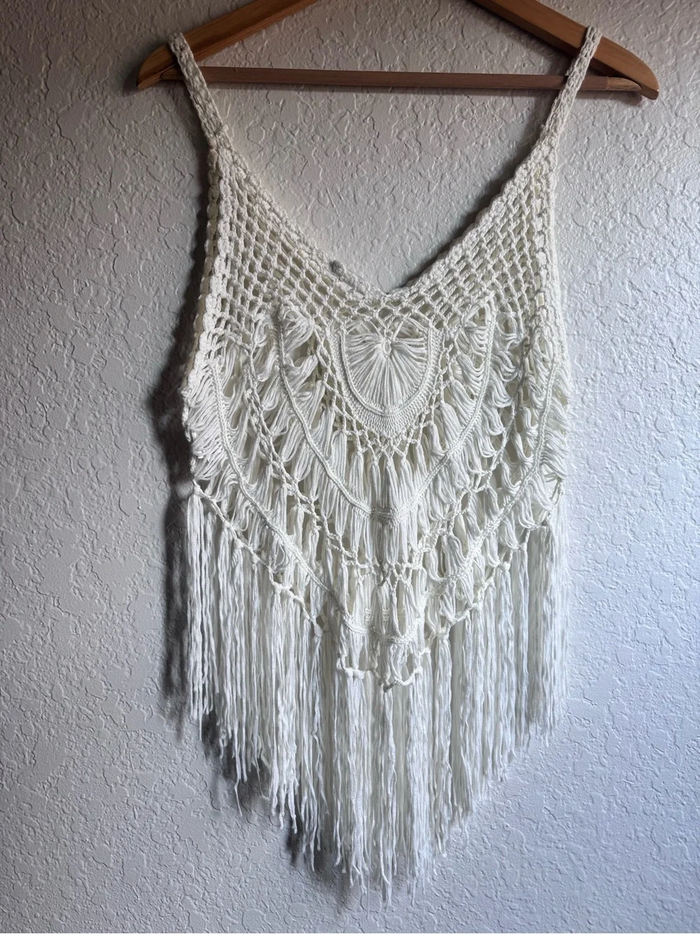 Ekouaer White Open-Weave Crochet Fringe V-Neck Bikini Cover Up Tank Top - Small